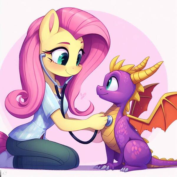 Size: 1024x1024 | Tagged: safe, ai content, derpibooru import, machine learning generated, fluttershy, anthro, dragon, examination, g4, image, jpeg, spyro the dragon, spyro the dragon (series), stethoscope, veterinarian