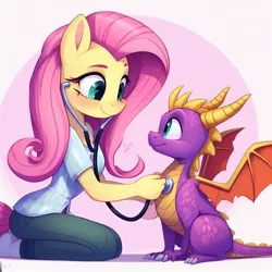 Size: 1024x1024 | Tagged: safe, ai content, derpibooru import, machine learning generated, fluttershy, anthro, dragon, examination, g4, image, jpeg, spyro the dragon, spyro the dragon (series), stethoscope