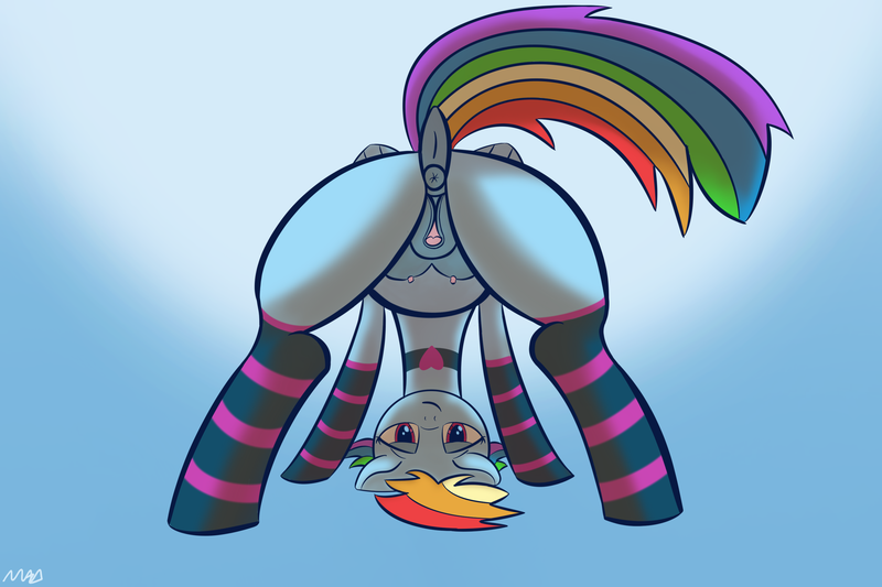 Size: 3072x2048 | Tagged: explicit, alternate version, artist:maonyman, derpibooru import, rainbow dash, pegasus, pony, butt, choker, clitoris, clothes, collar, crotchboobs, dark genitals, derpibooru exclusive, dock, female, floppy ears, folded wings, g4, gradient background, head down, heart, image, looking at you, mare, nipples, nudity, png, rainbutt dash, raised tail, rear view, shading, smiling, smirk, socks, solo, striped socks, tail, teats, thigh highs, vulva, vulvar winking, wings