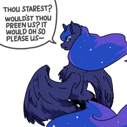 Size: 3508x3508 | Tagged: safe, artist:ponny, derpibooru import, princess luna, alicorn, pony, colored, image, looking at you, png, rear view, simple background, solo, speech bubble, text, white background, wings