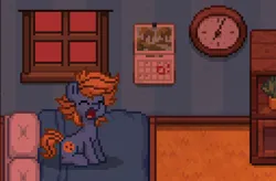 Size: 1275x837 | Tagged: safe, derpibooru import, oc, oc:blue cookie, unofficial characters only, earth pony, pony, pony town, bed, calendar, clock, earth pony oc, eyes closed, image, jpeg, open mouth, photo, pixel art, solo, window, yawn