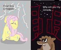 Size: 1073x873 | Tagged: artist needed, source needed, safe, derpibooru import, fluttershy, pegasus, pony, raccoon, city, crossover, crossover shipping, crying, duo, duo male and female, female, image, jpeg, lightning, male, mare, meme, night, rain, regular show, rigby (regular show), sad, ship, shipping