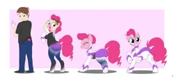 Size: 2862x1287 | Tagged: safe, artist:redpaladin, derpibooru import, fili-second, pinkie pie, earth pony, human, pony, clothes, human to pony, image, male to female, png, power ponies, rule 63, smiling, transformation, transformation sequence, transforming clothes, transgender transformation