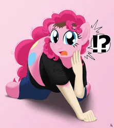 Size: 1810x2036 | Tagged: safe, artist:redpaladin, derpibooru import, pinkie pie, earth pony, human, pony, balloonbutt, butt, clothes, cutie mark, exclamation point, gradient background, human to pony, image, interrobang, large butt, mid-transformation, png, question mark, shirt, shorts, speech bubble, transformation