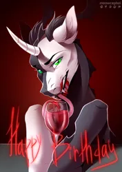 Size: 1201x1700 | Tagged: safe, artist:meowcephei, derpibooru import, oc, oc:tounicoon, changeling, hybrid, alcohol, bust, changeling oc, glass, hybrid oc, image, looking at you, png, portrait, sketch, tongue out, wine, wine glass