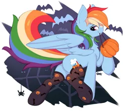 Size: 1383x1228 | Tagged: safe, artist:omi, derpibooru import, rainbow dash, pegasus, pony, clothes, female, halloween, holiday, image, png, pumpkin, socks, solo, stockings, thigh highs, wings