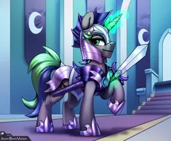 Size: 3645x3000 | Tagged: safe, artist:jedayskayvoker, derpibooru import, oc, oc:sparky starfall, pony, unicorn, armor, armor skirt, armored pony, blade, boots, castle, clothes, cute, green eyes, hallway, horn, image, long tail, looking at you, magic, magic aura, male, night guard, night guard armor, png, shoes, skirt, smiling, smiling at you, solo, stallion, sword, tail, telekinesis, unicorn oc, weapon