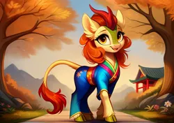 Size: 2048x1440 | Tagged: safe, ai content, derpibooru import, machine learning generated, autumn blaze, kirin, pony, autumn, clothes, female, generator:easyfluff v11.2, image, jpeg, kimono (clothing), looking at you, mare, mountain, open mouth, open smile, pathway, prompter:siber, scenery, smiling, smiling at you, solo, tree