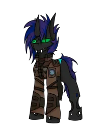 Size: 2486x3052 | Tagged: safe, artist:ashel_aras, derpibooru import, oc, oc:ashel, unofficial characters only, changeling, derpibooru community collaboration, 2024 community collab, armor, changeling oc, clothes, image, jacket, looking at you, mercenary, png, simple background, solo, transparent background