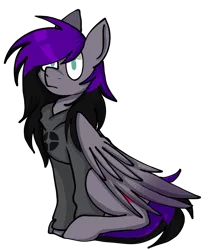 Size: 853x1024 | Tagged: safe, artist:revenge.cats, derpibooru import, oc, oc:drizzling dasher, unofficial characters only, pegasus, pony, derpibooru community collaboration, 2024 community collab, clothes, emo, hoodie, image, looking at you, png, scar, simple background, sitting, solo, transparent background