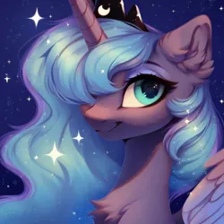 Size: 1024x1024 | Tagged: safe, ai content, derpibooru import, machine learning generated, stable diffusion, princess luna, alicorn, pony, bust, chest fluff, crown, diadem, ear fluff, ethereal mane, female, generator:purplesmart.ai, horn, image, jewelry, jpeg, mare, night, night sky, portrait, prompter:nightluna, regalia, sky, smiling, starry mane, starry sky, wings