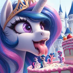 Size: 1024x1024 | Tagged: safe, ai content, derpibooru import, machine learning generated, princess celestia, alicorn, pony, building, cake, cakelestia, canterlot, canterlot castle, close-up, crown, decoration, drool, extreme close up, face, female, figurine, food, frosting, g4, generator:dall-e 3, image, jewelry, jpeg, mare, open mouth, open smile, regalia, smiling, solo, strawberry, teeth, that pony sure does love cakes, tongue out