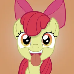 Size: 1536x1536 | Tagged: safe, artist:duhdoores, derpibooru import, apple bloom, earth pony, pony, adorabloom, cute, female, filly, foal, gradient background, image, licking, looking at you, offscreen character, open mouth, png, pov, solo, tongue out