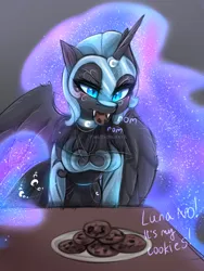 Size: 768x1024 | Tagged: safe, artist:taiweiart, derpibooru import, nightmare moon, alicorn, anthro, breasts, busty nightmare moon, cookie, eating, food, image, nom, png, table, text