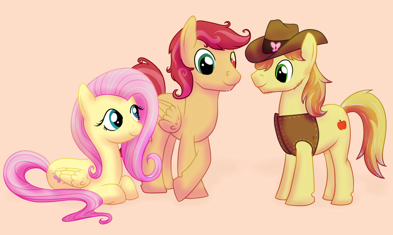 Size: 1991x1193 | Tagged: safe, alternate version, artist:karmadash, derpibooru import, braeburn, fluttershy, oc, oc:spartanapple, clothes, commission, couple, crossed legs, female, hat, headcanon, image, lying down, male, mismatched eyes, offspring, parent:braeburn, parent:fluttershy, parents:braeshy, png, ship:braeshy, shipping, story included, straight, vest