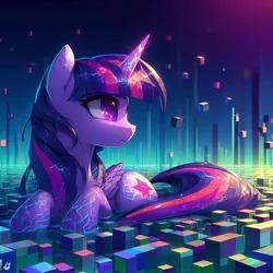 Size: 1024x1024 | Tagged: safe, ai content, derpibooru import, machine learning generated, twilight sparkle, twilight sparkle (alicorn), alicorn, pony, cube, ears up, female, folded wings, g4, generator:dall-e 3, image, jpeg, lying down, magic, mare, peaceful, prompter:rektpay, solo, turned head, wings