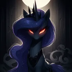 Size: 1024x1024 | Tagged: safe, ai content, derpibooru import, machine learning generated, princess luna, alicorn, pony, castle, ears up, female, folded wings, g4, generator:dall-e 3, image, jewelry, jpeg, light, looking at you, mare, prompter:rektpay, red eyes, regalia, serious, serious face, solo, wings