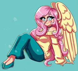 Size: 2199x2007 | Tagged: safe, artist:mylittleyuri, derpibooru import, fluttershy, human, blue background, blushing, bra, bra strap, choker, clothes, cute, denim, elf ears, female, flats, humanized, image, jeans, pants, png, shoes, shyabetes, simple background, sitting, solo, sweater, sweatershy, underwear, winged humanization, wings