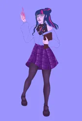 Size: 1024x1515 | Tagged: safe, artist:kefirchik7, derpibooru import, twilight sparkle, human, alternate hairstyle, book, clothes, female, glasses, grin, humanized, image, jpeg, lipstick, magic, makeup, purple background, shoes, simple background, skirt, smiling, socks, solo, stockings, sweater, thigh highs