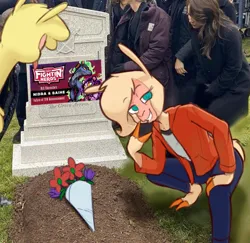 Size: 626x609 | Tagged: safe, artist:hitsuji, artist:mane6, derpibooru import, edit, oc, oc:shio (hitsuji), anthro, them's fightin' herds, bent over, bouquet, clothes, community related, duo, flower, gravestone, image, jacket, paintover, paprika (tfh), peace sign, png