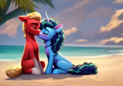 Size: 1000x696 | Tagged: safe, ai content, derpibooru import, machine learning generated, sprout cloverleaf, earth pony, pony, unicorn, g5, beach, eyes closed, female, generator:pony diffusion v5, image, kissing, male, mare, misty brightdawn, mistyclover, png, shipping, sitting, stallion, straight