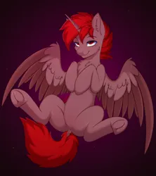 Size: 4000x4500 | Tagged: suggestive, artist:pesty_skillengton, derpibooru import, oc, oc:hardy, alicorn, pony, chest fluff, ear fluff, high res, hooves to the chest, image, looking at someone, lying down, male, on back, png, smiling, spread legs, spread wings, spreading, stallion, underhoof, wing fluff, wings