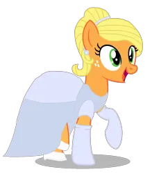 Size: 1047x1197 | Tagged: safe, artist:mlp-headstrong, derpibooru import, applejack, earth pony, pony, alternate hairstyle, applejack also dresses in style, cinderella, clothes, dress, evening gloves, female, freckles, glass slipper (footwear), glass slippers, gloves, gown, image, long gloves, mare, open mouth, open smile, png, smiling, solo, solo female