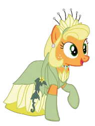 Size: 812x1067 | Tagged: safe, artist:mlp-headstrong, derpibooru import, applejack, earth pony, pony, alternate hairstyle, applejack also dresses in style, clothes, dress, evening gloves, female, freckles, gloves, gown, image, jewelry, long gloves, mare, necklace, open mouth, open smile, png, smiling, solo, solo female, the princess and the frog, tiana, tiara
