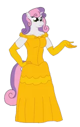 Size: 1054x1653 | Tagged: safe, artist:mlp-headstrong, derpibooru import, sweetie belle, anthro, pony, unicorn, alternate hairstyle, belle, breasts, busty sweetie belle, clothes, dress, evening gloves, female, filly, foal, gloves, gown, image, long gloves, namesake, png, pun, smiling, solo, visual pun