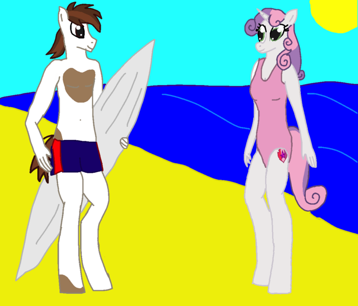 Size: 1226x1050 | Tagged: safe, artist:mlp-headstrong, derpibooru import, pipsqueak, sweetie belle, anthro, earth pony, pony, beach, clothes, colt, duo, female, filly, foal, image, male, ocean, png, ship:sweetiesqueak, shipping, smiling, straight, sun, surfboard, swimming trunks, swimsuit, water