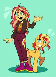 Size: 920x1280 | Tagged: safe, artist:vazaez, derpibooru import, sunset shimmer, human, pony, unicorn, equestria girls, chest fluff, clothes, ear piercing, g4, green background, image, open mouth, piercing, png, raised hoof, simple background, smiling, solo, standing, waving