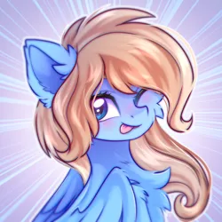 Size: 2500x2500 | Tagged: safe, artist:leah minik, derpibooru import, oc, oc:lusty symphony, unofficial characters only, pegasus, pony, ;p, bust, cheek fluff, chest fluff, commission, cute, ear fluff, female, image, mare, ocbetes, one eye closed, pegasus oc, png, pony oc, simple background, solo, tongue out, wings, wink