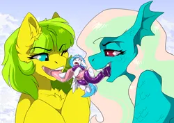 Size: 3508x2480 | Tagged: suggestive, artist:arctic-fox, derpibooru import, oc, oc:alana, oc:lemon drop, oc:starburn, unofficial characters only, earth pony, kelpie, pegasus, pony, chest fluff, drool, ear fluff, fangs, female, image, imminent vore, kitchen eyes, long tongue, mare, micro, png, prehensile tongue, scales, scared, size difference, tongue out, tongue play, tongue tied, tongue wrap, tug of war