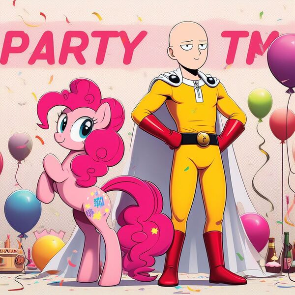 Size: 1024x1024 | Tagged: safe, ai content, artist:meshari7, derpibooru import, machine learning generated, pinkie pie, human, pony, balloon, bipedal, female, image, jpeg, male, one punch man, party, prompter:meshari7, saitama, standing