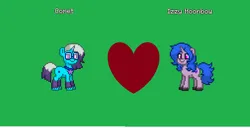 Size: 761x390 | Tagged: safe, derpibooru import, izzy moonbow, pony, unicorn, pony town, g5, auroricorn, blue mane, blue tail, comet (g5), female, glasses, green background, heart, horn, image, jewelry, male, mare, necklace, png, ponytail, ship:mooncomet, shipping, simple background, stallion, straight, tail