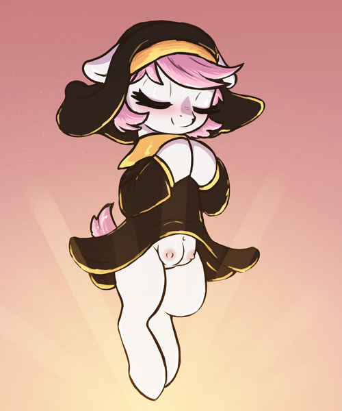 Size: 2500x3000 | Tagged: questionable, artist:t72b, derpibooru import, oc, oc:pureheart, earth pony, pony, clothes, crotchboobs, eyes closed, female, floating, floppy ears, glow, image, mare, nipples, nudity, nun, nun outfit, png, praying, short hair, short tail, simple background, skirt, solo, tail, upskirt