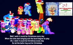 Size: 1860x1140 | Tagged: safe, derpibooru import, edit, edited screencap, screencap, apple bloom, applejack, discord, fluttershy, pinkie pie, princess cadance, princess celestia, princess flurry heart, princess luna, rainbow dash, rarity, scootaloo, shining armor, spike, starlight glimmer, sweetie belle, trixie, twilight sparkle, twilight sparkle (alicorn), alicorn, draconequus, dragon, pony, to where and back again, acoustic guitar, alicorn pentarchy, bass guitar, camera, candy, candy cane, christmas, christmas lights, cutie mark crusaders, dark background, drums, female, filly, final adjustment, foal, food, glow-in-the-dark, guitar, hat, holiday, i wish it could be christmas everyday, image, lyrics, male, mane seven, mane six, mare, merge, musical instrument, png, present, royal sisters, santa hat, siblings, simple background, sisters, stallion, text, tweenies, winged spike, wings, wizzard