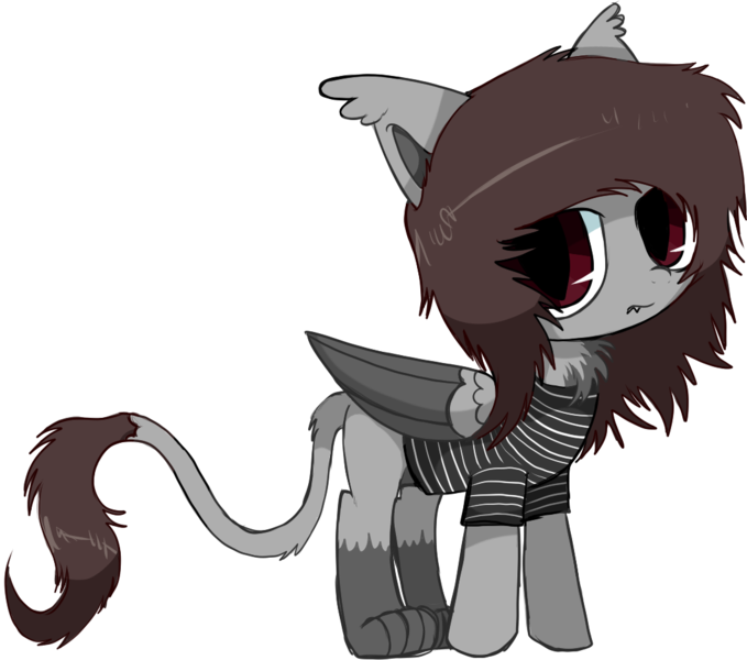 Size: 1064x940 | Tagged: safe, artist:cactuscruncher, derpibooru import, ponified, hybrid, pony, sphinx, blank expression, brown hair, brown mane, chest fluff, clothes, colored belly, colored wings, colored wingtips, ear fluff, emo, feather, folded wings, gray coat, half-sphinx, image, looking at you, male, messy mane, noah sebastian, paws, png, red eyes, sharp teeth, shirt, simple background, slit pupils, solo, striped shirt, teeth, transparent background, wings