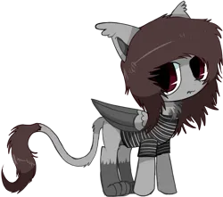 Size: 1064x940 | Tagged: safe, artist:cactuscruncher, derpibooru import, ponified, hybrid, pony, sphinx, blank expression, brown hair, brown mane, chest fluff, clothes, colored belly, colored wings, colored wingtips, ear fluff, emo, feather, folded wings, gray coat, half-sphinx, image, looking at you, male, messy mane, noah sebastian, paws, png, red eyes, sharp teeth, shirt, simple background, slit pupils, solo, striped shirt, teeth, transparent background, wings