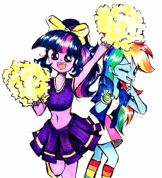 Size: 1937x2128 | Tagged: safe, artist:liaaqila, derpibooru import, rainbow dash, twilight sparkle, equestria girls, belly, belly button, cheerleader, cheerleader outfit, cheerleading, clothes, commission, duo, female, hypnosis, image, jpeg, midriff, open mouth, pom pom, slim, thin