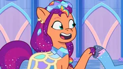 Size: 3072x1727 | Tagged: safe, derpibooru import, screencap, sunny starscout, earth pony, pony, unicorn, g5, my little pony: tell your tale, spoiler:g5, spoiler:my little pony: tell your tale, spoiler:tyts01e68, clothes, crystal ball (episode), dress, duo, duo female, female, image, jpeg, mare, misty brightdawn, offscreen character, open mouth, open smile, rebirth misty, smiling, solo focus