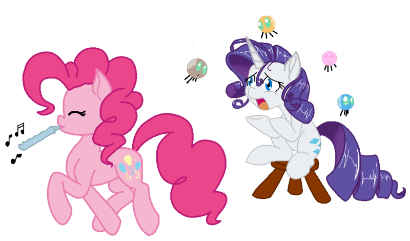 Size: 987x580 | Tagged: safe, artist:dstears, derpibooru import, edit, pinkie pie, rarity, earth pony, parasprite, pony, unicorn, swarm of the century, colored, duo, duo female, eyes closed, female, flute, g4, image, mare, monochrome, music notes, musical instrument, png, scene interpretation, simple background, sketch, stool, stray strand, transparent background