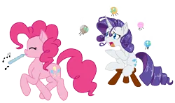 Size: 987x580 | Tagged: safe, artist:dstears, derpibooru import, edit, pinkie pie, rarity, earth pony, parasprite, pony, unicorn, swarm of the century, colored, duo, duo female, eyes closed, female, flute, g4, image, mare, monochrome, music notes, musical instrument, png, scene interpretation, simple background, sketch, stool, stray strand, transparent background