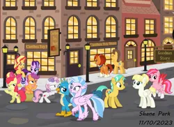Size: 6115x4443 | Tagged: safe, artist:creedyboy124, derpibooru import, apple bloom, caramel, citrine spark, fire quacker, gallus, scootaloo, silverstream, starlight glimmer, stellar flare, sugar cookie, sunset shimmer, sweetie belle, pony, g5, city, female, friendship student, g4, g5 to g4, generation leap, hanging out, image, male, mare, night, png, stallion, street, town, windy (g5)