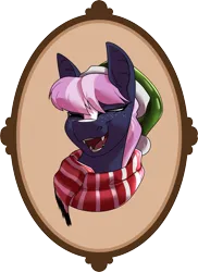 Size: 3015x4139 | Tagged: safe, artist:parrpitched, derpibooru import, oc, oc:nurse lavender blossom, unofficial characters only, bat pony, bust, christmas, clothes, hat, holiday, image, latex, png, portrait, prisoners of the moon, rubber, santa hat, scarf, simple background, solo, striped scarf, transparent background