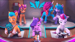 Size: 1280x720 | Tagged: safe, derpibooru import, edit, edited screencap, screencap, hitch trailblazer, izzy moonbow, pipp petals, sparky sparkeroni, sunny starscout, zipp storm, g5, my little pony: make your mark, spoiler:g5, spoiler:my little pony: make your mark, spoiler:my little pony: make your mark chapter 6, spoiler:mymc06e01, aaaaaaaaaa, animated, applejack (g5), excited, fluttershy (g5), gif, happy, image, mane five, mane six (g5), misty brightdawn, mixed reactions, my little pony: make your mark chapter 6, pinkie pie (g5), rainbow dash (g5), rarity (g5), scared, screaming, slow motion, slowed down, the isle of scaly, twilight sparkle (g5), zero gravity