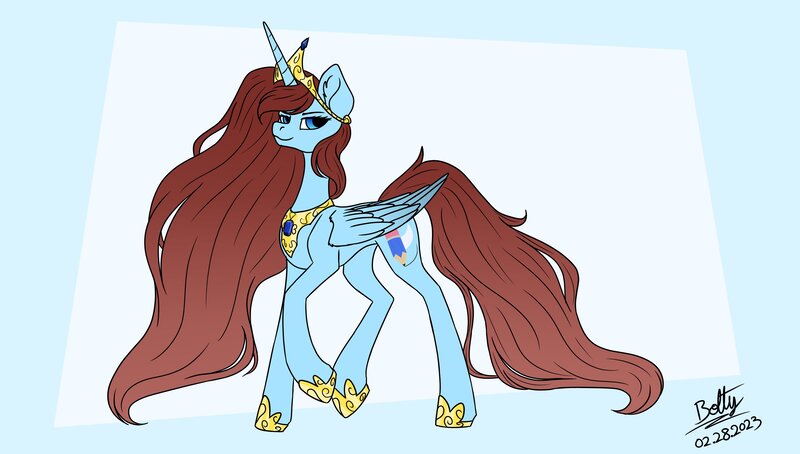 Size: 3662x2080 | Tagged: safe, artist:lightning bolty, derpibooru import, oc, oc:swift sketch, unofficial characters only, alicorn, pony, abstract background, alicornified, big ears, blue, blue coat, blue eyes, commission, commissioner:swift sketch, concave belly, crown, date (time), ear fluff, eyebrows, eyelashes, female, folded wings, gradient mane, gradient tail, high res, hoof shoes, horn, image, jewelry, jpeg, large wings, lidded eyes, long horn, long mane, long tail, looking at you, mare, peytral, princess shoes, quadrupedal, race swap, raised hoof, raised leg, regalia, rule 63, signature, slim, smiling, smiling at you, solo, tail, tall, thin, walking, wall of tags, wings