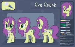 Size: 4000x2500 | Tagged: safe, alternate version, artist:pirill, derpibooru import, oc, oc:sky spark, unofficial characters only, pony, unicorn, cheek fluff, clothes, color palette, commission, cute, cutie mark, ear fluff, female, green eyes, horn, image, leg fluff, looking at you, looking back, mare, ocbetes, png, purple hair, reference sheet, scarf, simple background, solo, unicorn oc