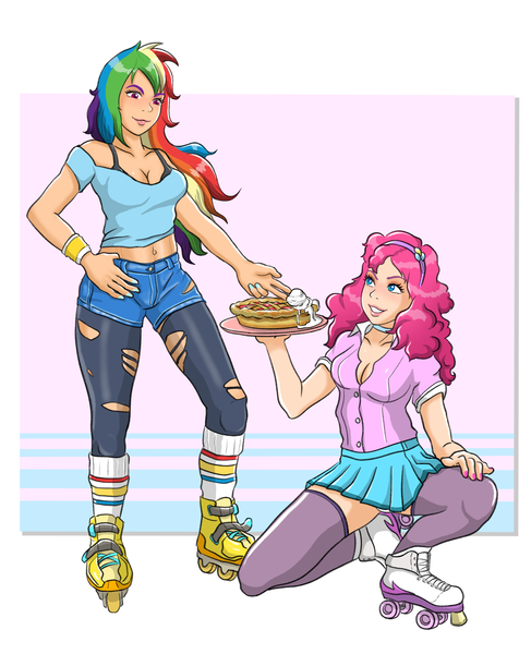 Size: 1994x2455 | Tagged: safe, artist:carpdime, derpibooru import, pinkie pie, rainbow dash, human, clothes, food, humanized, image, long hair, miniskirt, pie, png, roller skates, rollerblades, shirt, shorts, skates, skirt, stocki