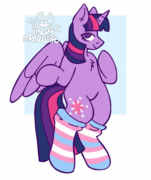 Size: 1074x1280 | Tagged: safe, artist:catponything, derpibooru import, twilight sparkle, twilight sparkle (alicorn), alicorn, pony, bipedal, chest fluff, clothes, g4, horn, image, jpeg, looking at you, mouthpiece, politics, pride, pride flag, signature, smiling, socks, solo, spread wings, striped socks, tail, transgender, transgender pride flag, wings